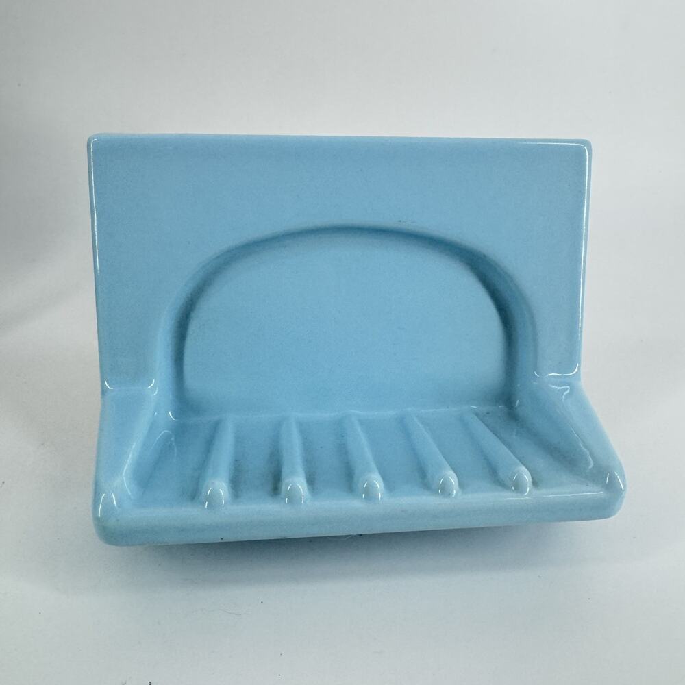 MCM Tile Soap Holder Shower Wall Mount Sky Blue Ceramic 70’s mid Century Vtg